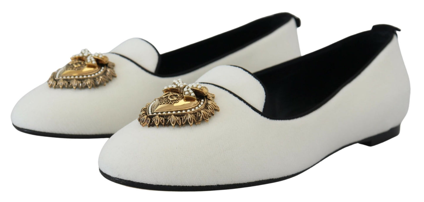 Dolce & Gabbana White Velvet Slip Ons Loafers Flats Shoes - Designed by Dolce & Gabbana Available to Buy at a Discounted Price on Moon Behind The Hill Online Designer Discount Store
