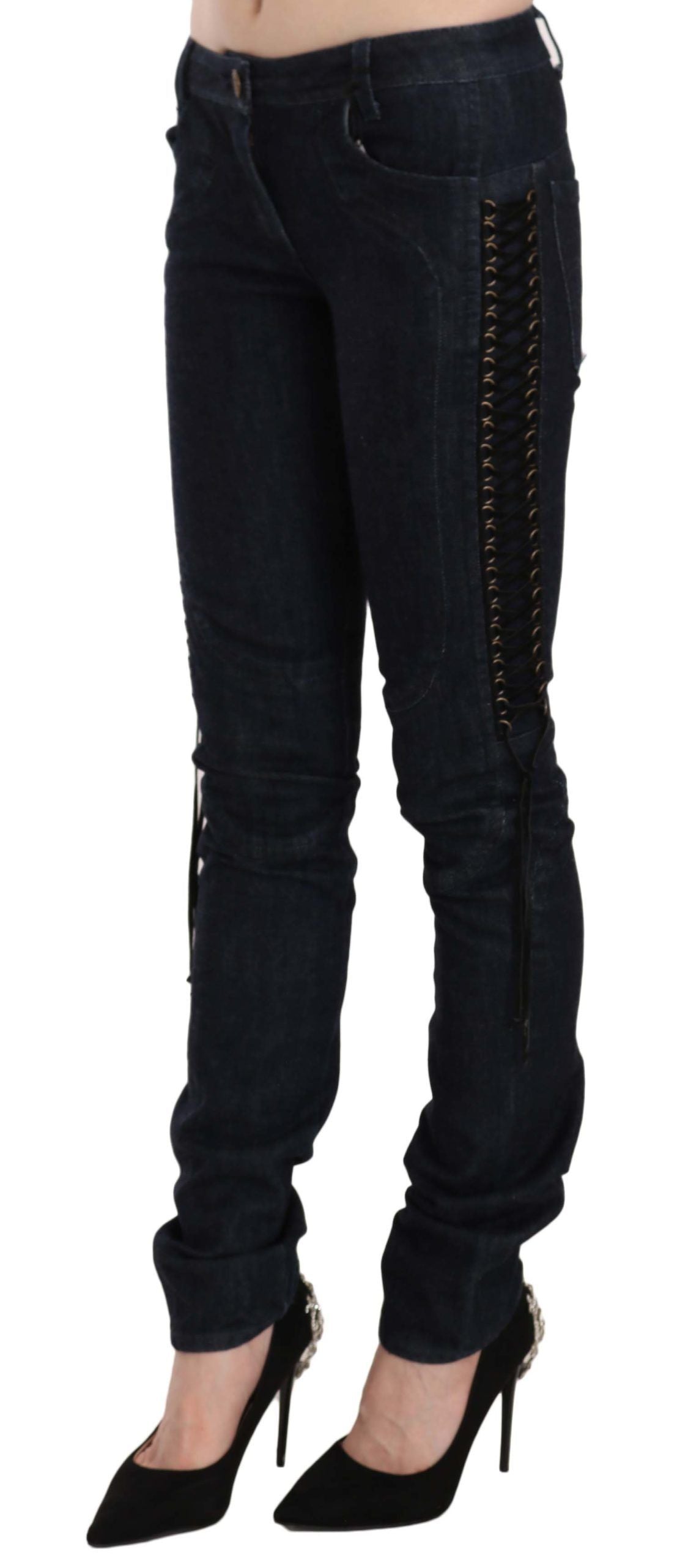 Black Low Waist Skinny Trousers Braided String Pants - Designed by Just Cavalli Available to Buy at a Discounted Price on Moon Behind The Hill Online Designer Discount Store