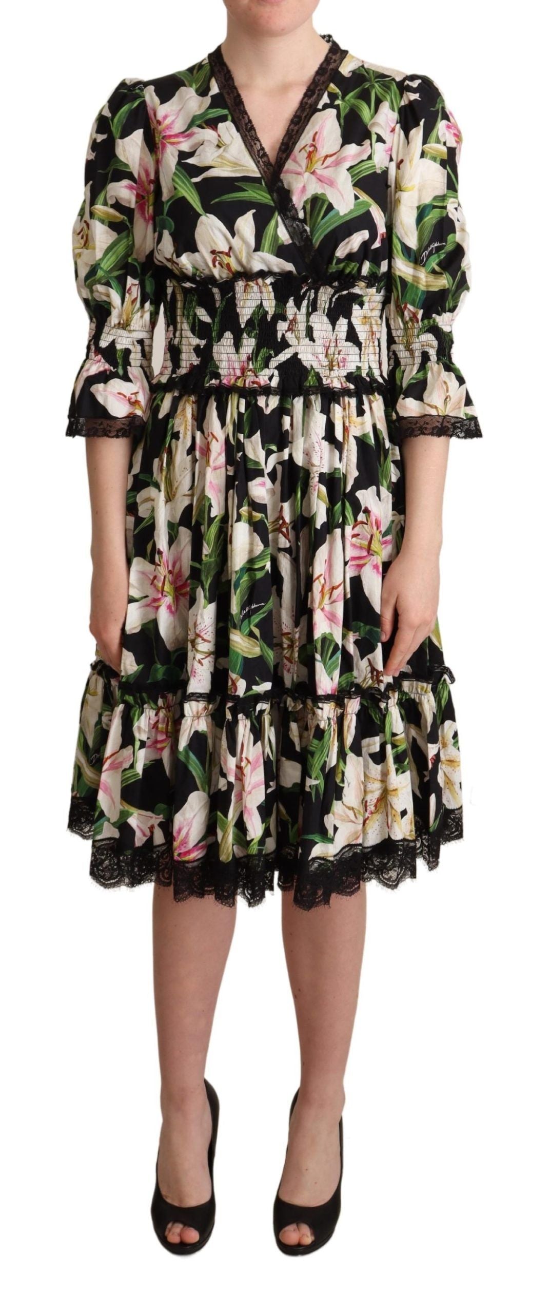Black Cotton Lily Print Lace Trim Dress - Designed by Dolce & Gabbana Available to Buy at a Discounted Price on Moon Behind The Hill Online Designer Discount Store