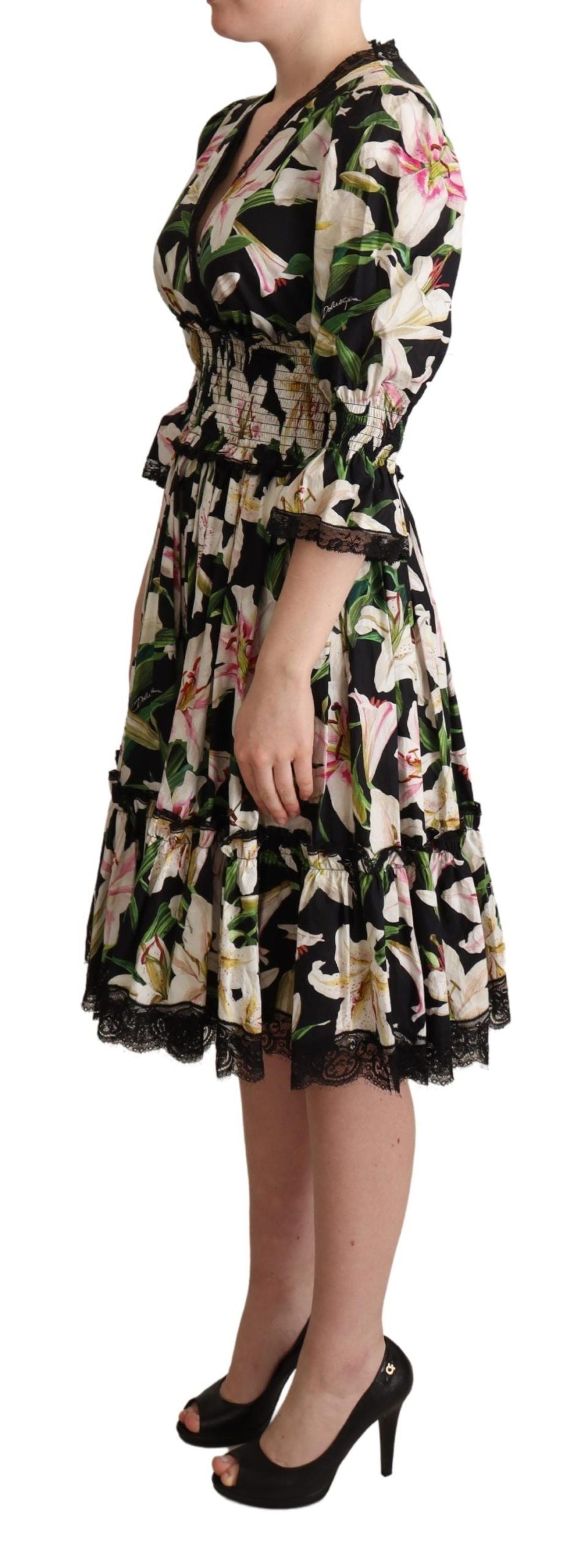 Black Cotton Lily Print Lace Trim Dress - Designed by Dolce & Gabbana Available to Buy at a Discounted Price on Moon Behind The Hill Online Designer Discount Store