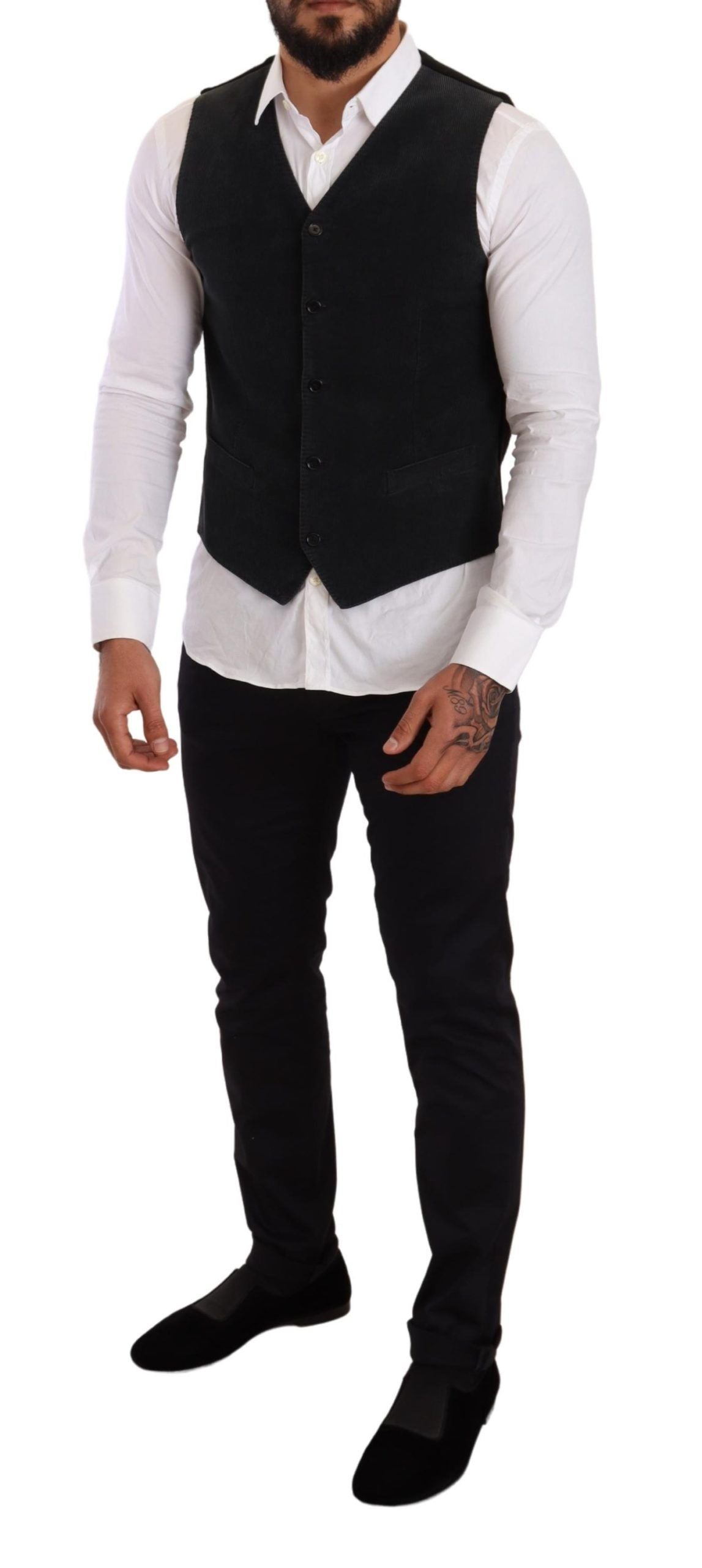 Black Cotton Single Breasted Waistcoat - Designed by Dolce & Gabbana Available to Buy at a Discounted Price on Moon Behind The Hill Online Designer Discount Store