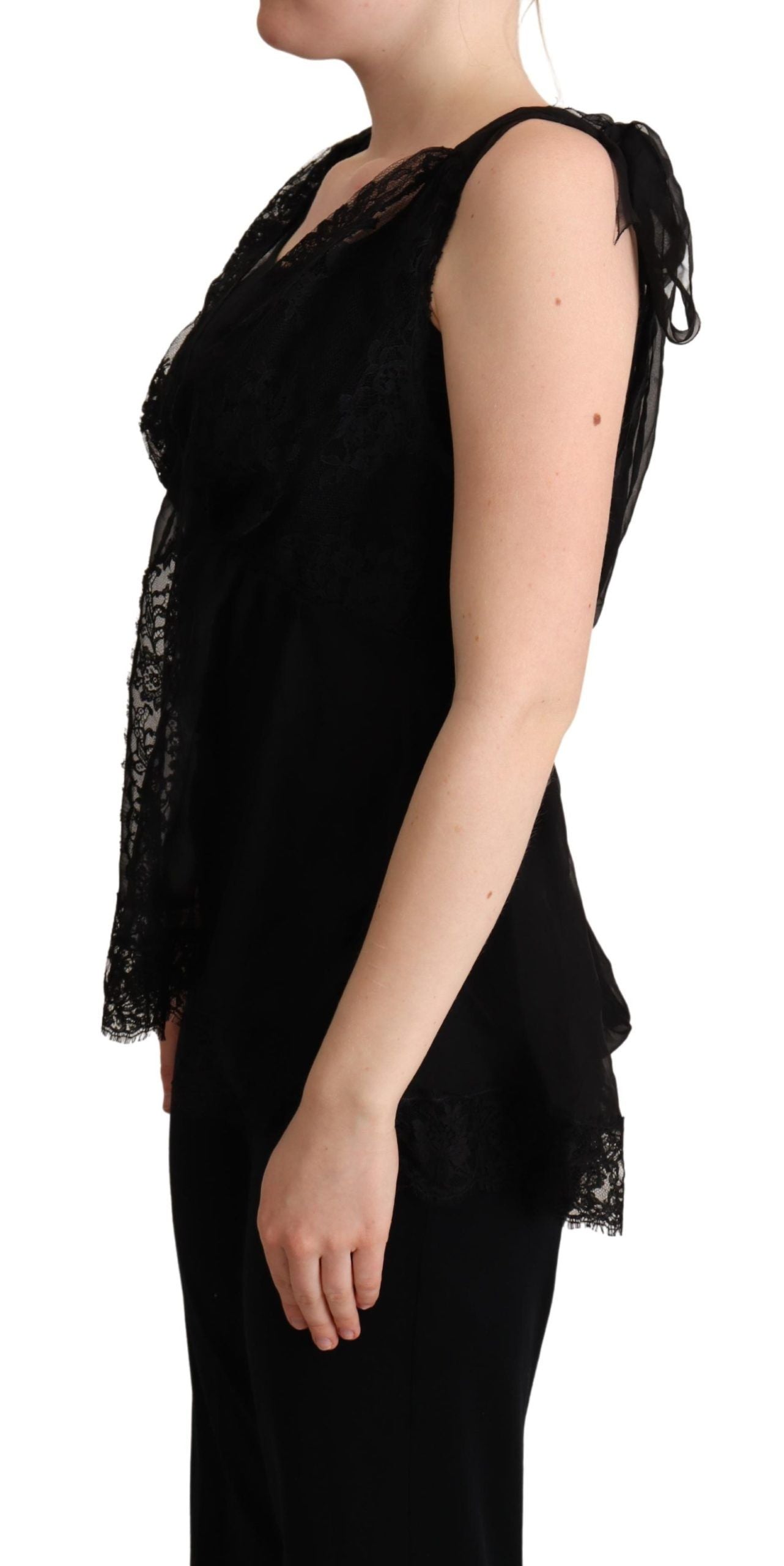 Black Silk Lace Trim Camisole Tank Top - Designed by Dolce & Gabbana Available to Buy at a Discounted Price on Moon Behind The Hill Online Designer Discount Store