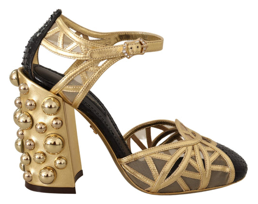 Black Gold Leather Studded Ankle Straps Shoes - Designed by Dolce & Gabbana Available to Buy at a Discounted Price on Moon Behind The Hill Online Designer Discount Store