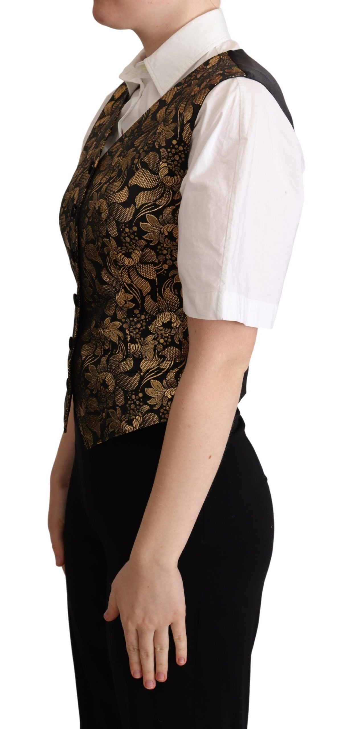 Dolce & Gabbana Black Gold Jacquard Silk Waistcoat Vest - Designed by Dolce & Gabbana Available to Buy at a Discounted Price on Moon Behind The Hill Online Designer Discount Store