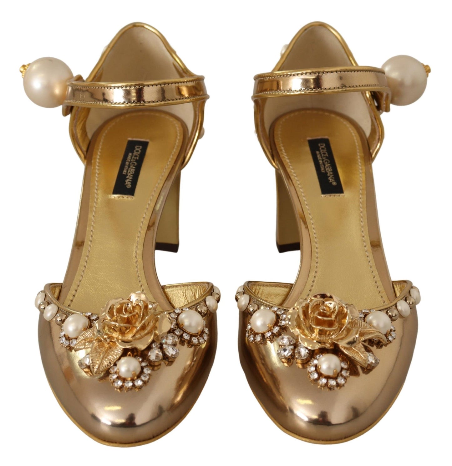 Gold Leather Studded Crystal Ankle Strap Shoes - Designed by Dolce & Gabbana Available to Buy at a Discounted Price on Moon Behind The Hill Online Designer Discount Store