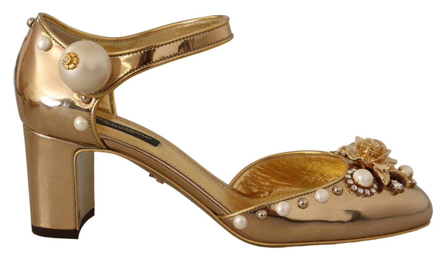 Gold Leather Studded Crystal Ankle Strap Shoes - Designed by Dolce & Gabbana Available to Buy at a Discounted Price on Moon Behind The Hill Online Designer Discount Store