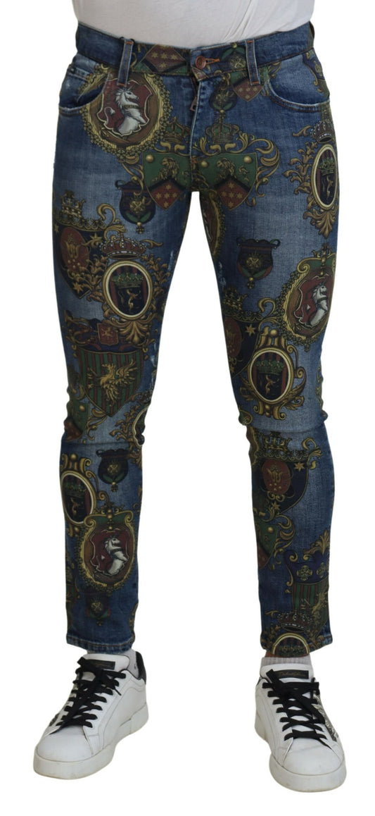 Dolce & Gabbana Men's Blue Medal Print Slim Fit Cotton Jeans