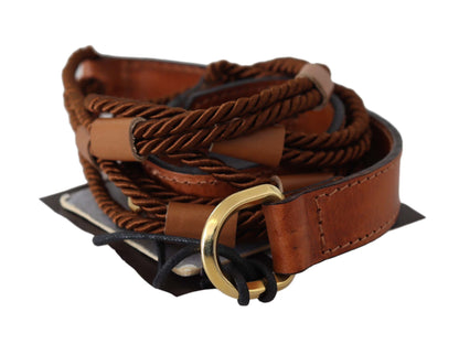 Brown Leather Braided Rope Gold Buckle  Belt - Designed by Scervino Street Available to Buy at a Discounted Price on Moon Behind The Hill Online Designer Discount Store
