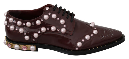 Bordeaux Leather Crystal Pearls Formal Shoes - Designed by Dolce & Gabbana Available to Buy at a Discounted Price on Moon Behind The Hill Online Designer Discount Store