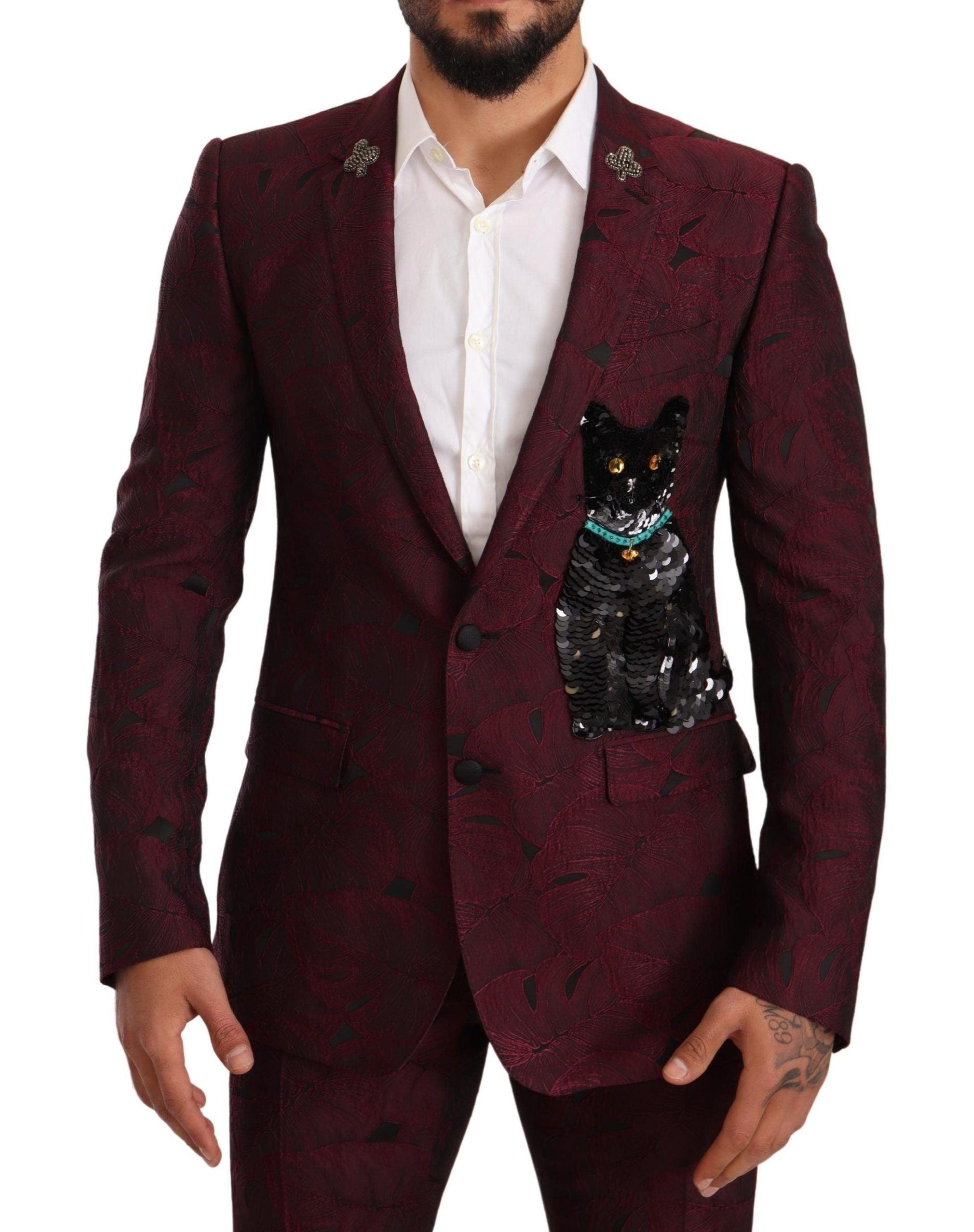Dolce & Gabbana Men's Maroon Cat Sequin MARTINI 2 Piece Suit - Designed by Dolce & Gabbana Available to Buy at a Discounted Price on Moon Behind The Hill Online Designer Discount Store