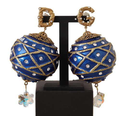 Gold Brass Blue Christmas Ball Crystal Clip On Earrings - Designed by Dolce & Gabbana Available to Buy at a Discounted Price on Moon Behind The Hill Online Designer Discount Store