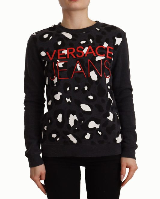 Black Cotton Leopard Long Sleeves Pullover Sweater - Designed by Versace Jeans Available to Buy at a Discounted Price on Moon Behind The Hill Online Designer Discount Store
