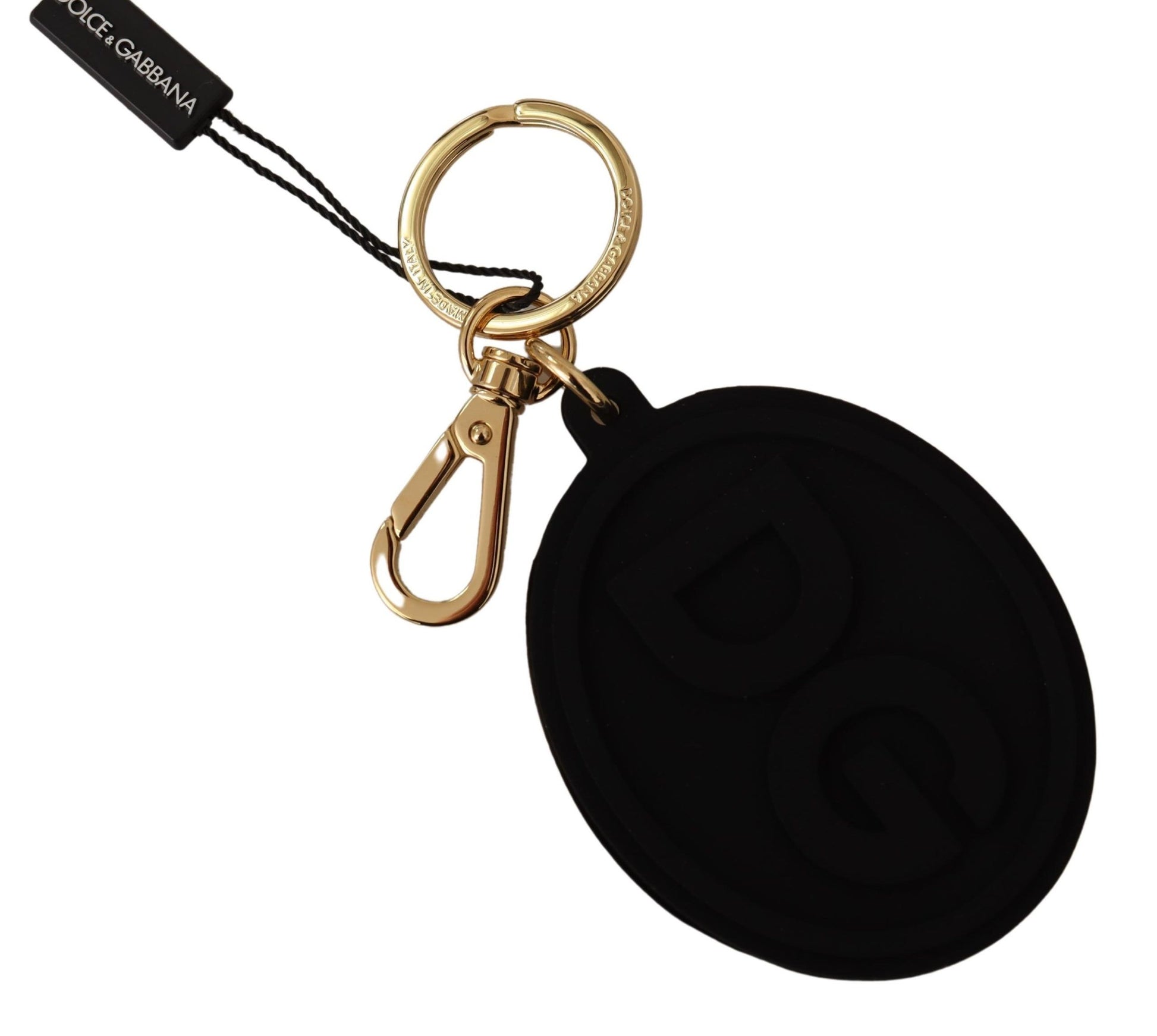 Black Rubber DG Logo Gold Brass Metal Keyring Keychain - Designed by Dolce & Gabbana Available to Buy at a Discounted Price on Moon Behind The Hill Online Designer Discount Store
