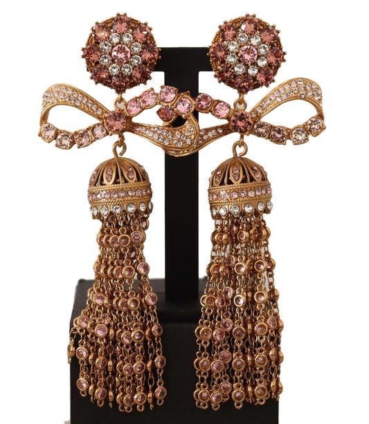 Gold Dangling Crystals Long Clip-On Jewelry Earrings - Designed by Dolce & Gabbana Available to Buy at a Discounted Price on Moon Behind The Hill Online Designer Discount Store