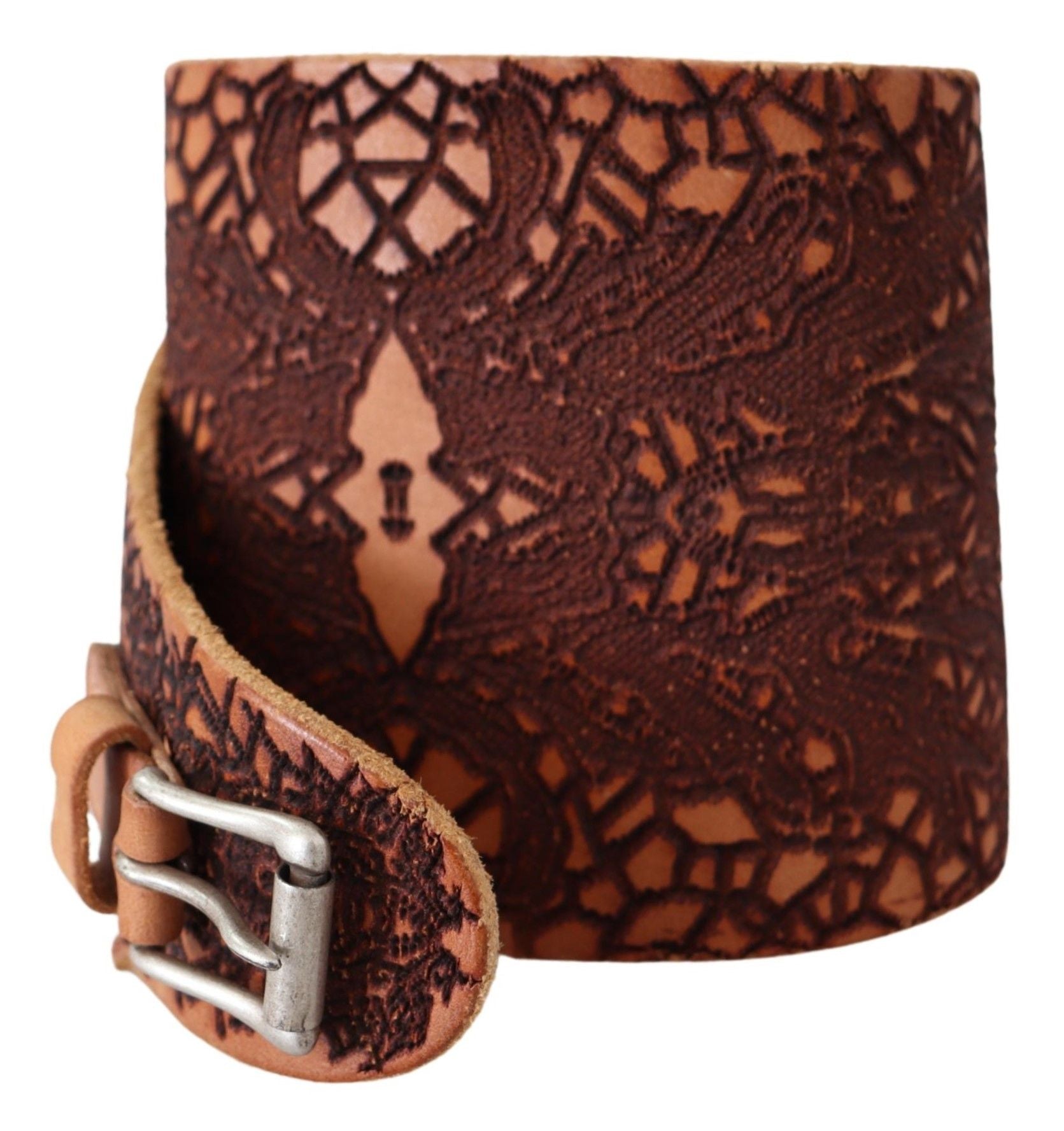 Brown Wide Leather Embroidered Design Logo Belt - Designed by Scervino Street Available to Buy at a Discounted Price on Moon Behind The Hill Online Designer Discount Store