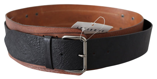Black Brown Leather Wide Silver Buckle Belt - Designed by Costume National Available to Buy at a Discounted Price on Moon Behind The Hill Online Designer Discount Store