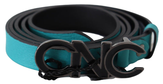 Blue Green Leather Logo Silver Buckle Belt - Designed by Costume National Available to Buy at a Discounted Price on Moon Behind The Hill Online Designer Discount Store