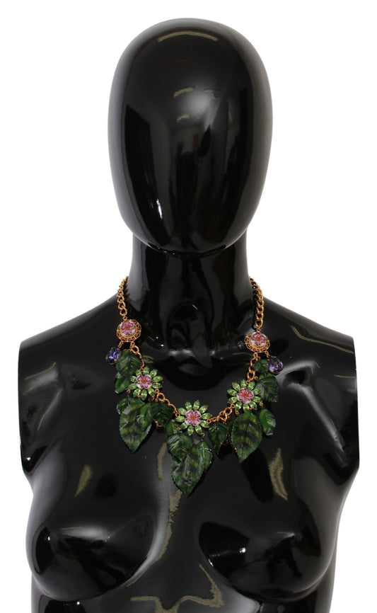 Floral Crystal Charm Gold Brass Statement Necklace - Designed by Dolce & Gabbana Available to Buy at a Discounted Price on Moon Behind The Hill Online Designer Discount Store