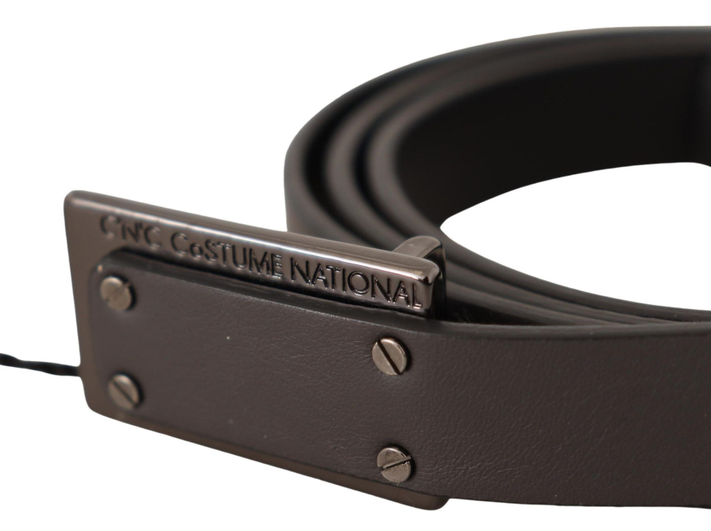 Dark Brown Leather Logo Buckle Belt - Designed by Costume National Available to Buy at a Discounted Price on Moon Behind The Hill Online Designer Discount Store