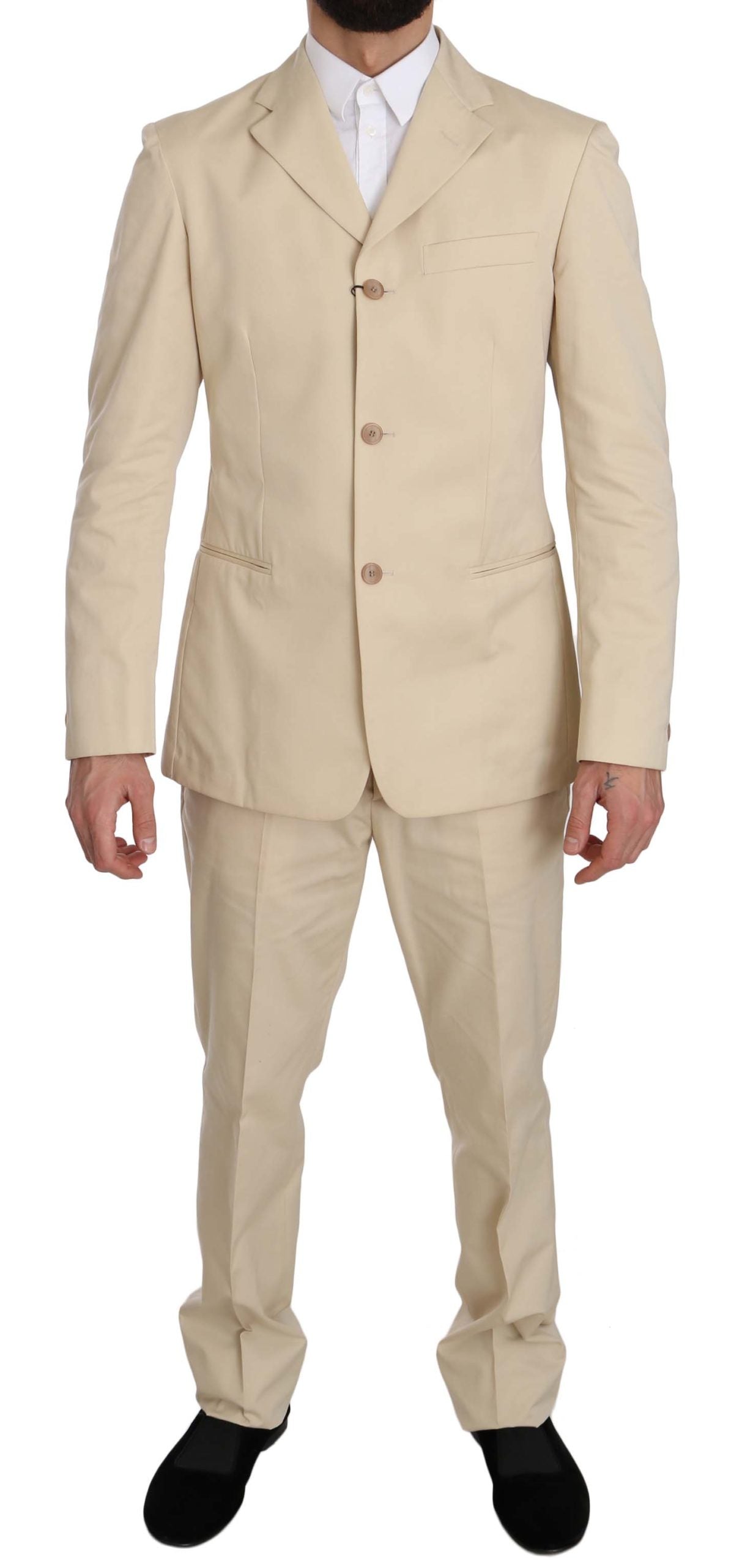 Two Piece 3 Button Beige Cotton Solid Suit designed by Romeo Gigli available from Moon Behind The Hill's Men's Clothing range