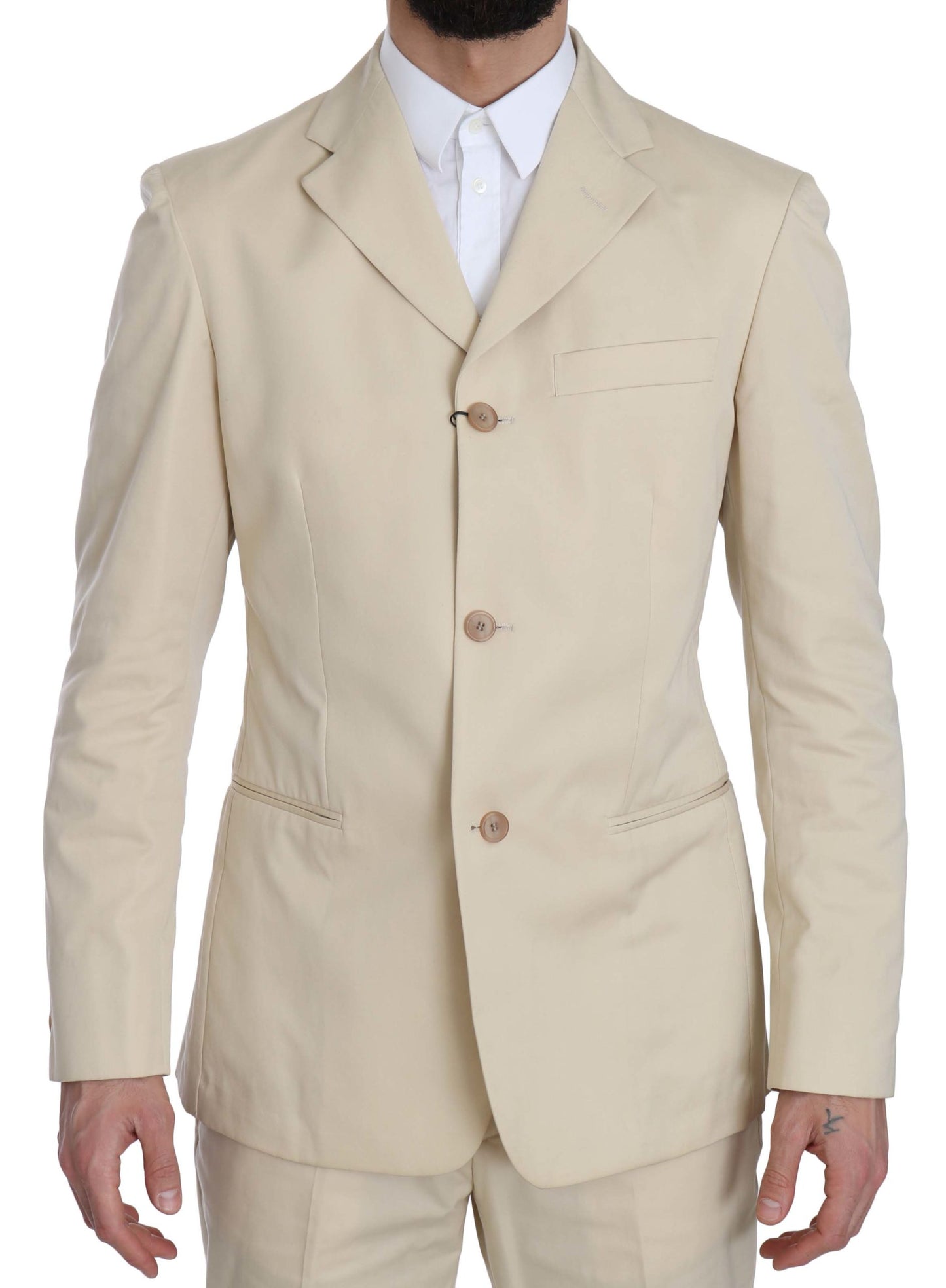 Two Piece 3 Button Beige Cotton Solid Suit designed by Romeo Gigli available from Moon Behind The Hill's Men's Clothing range