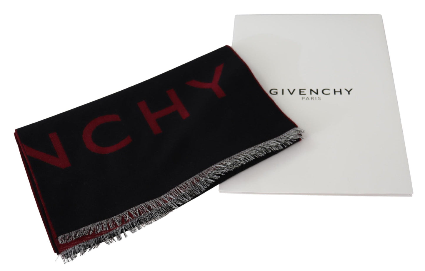 Givenchy Black Red Wool Unisex Winter Warm Wrap Scarf Shawl - Designed by Givenchy Available to Buy at a Discounted Price on Moon Behind The Hill Online Designer Discount Store