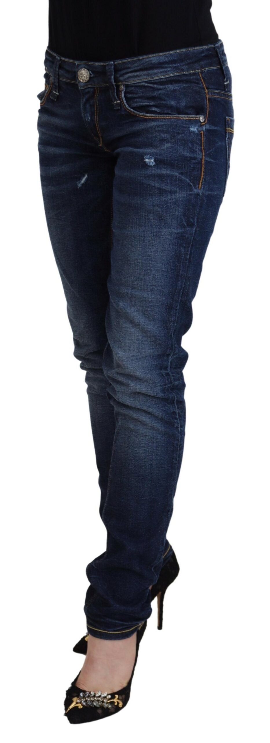 Acht Blue Washed Cotton Low Waist Women Casual  Jeans - Designed by Acht Available to Buy at a Discounted Price on Moon Behind The Hill Online Designer Discount Store