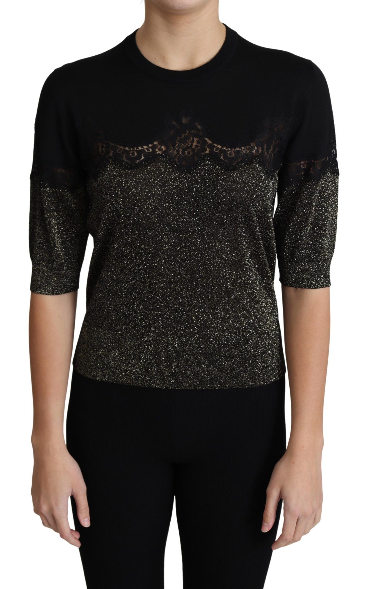 Black Shiny Lurex Lace Insert Pullover Top - Designed by Dolce & Gabbana Available to Buy at a Discounted Price on Moon Behind The Hill Online Designer Discount Store