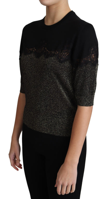 Black Shiny Lurex Lace Insert Pullover Top - Designed by Dolce & Gabbana Available to Buy at a Discounted Price on Moon Behind The Hill Online Designer Discount Store