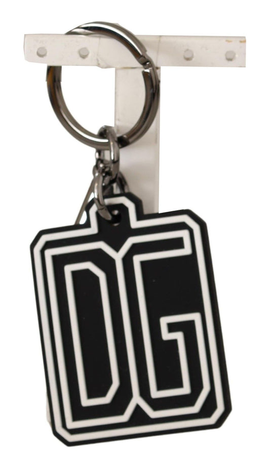 Black White DG Rubber Logo Silver Ring Keychain - Designed by Dolce & Gabbana Available to Buy at a Discounted Price on Moon Behind The Hill Online Designer Discount Store