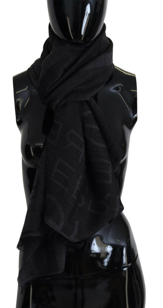 GF Ferre Black Wool Knitted Neck Wrap Shawl Fringes Scarf - Designed by GF Ferre Available to Buy at a Discounted Price on Moon Behind The Hill Online Designer Discount Store