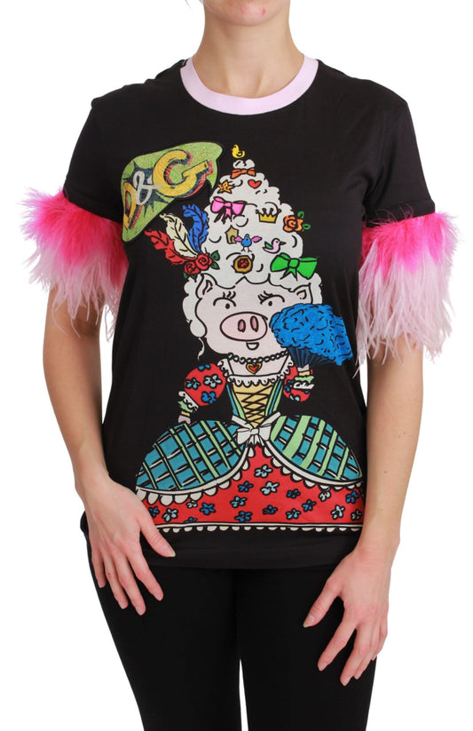 Black YEAR OF THE PIG Top Cotton  T-shirt - Designed by Dolce & Gabbana Available to Buy at a Discounted Price on Moon Behind The Hill Online Designer Discount Store