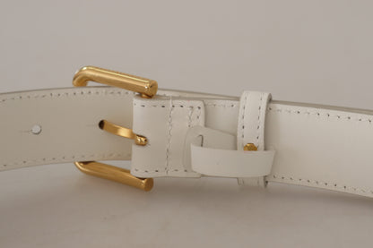 Dolce & Gabbana White Calf Leather Gold Tone Logo Metal Buckle Belt