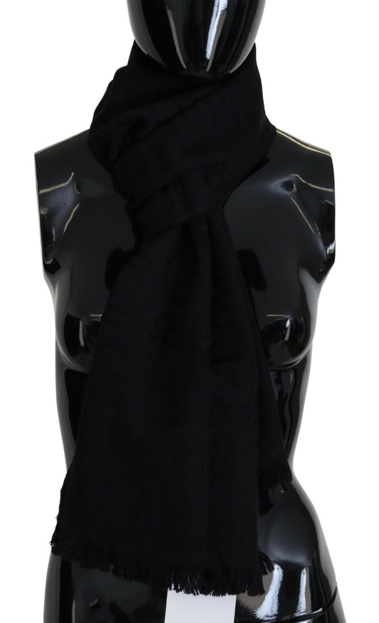 GF Ferre Black Wool Neck Wrap Shawl Fringes Scarf - Designed by GF Ferre Available to Buy at a Discounted Price on Moon Behind The Hill Online Designer Discount Store