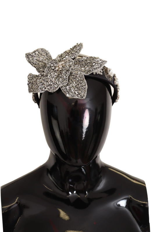 Black Crystal Beaded Sequined Large Flower Diadem Headband - Designed by Dolce & Gabbana Available to Buy at a Discounted Price on Moon Behind The Hill Online Designer Discount Store