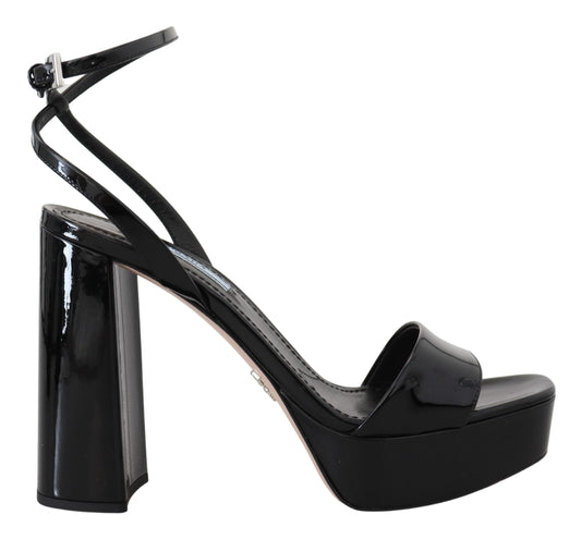 Prada Black Patent Sandals Ankle Strap Heels Leather
