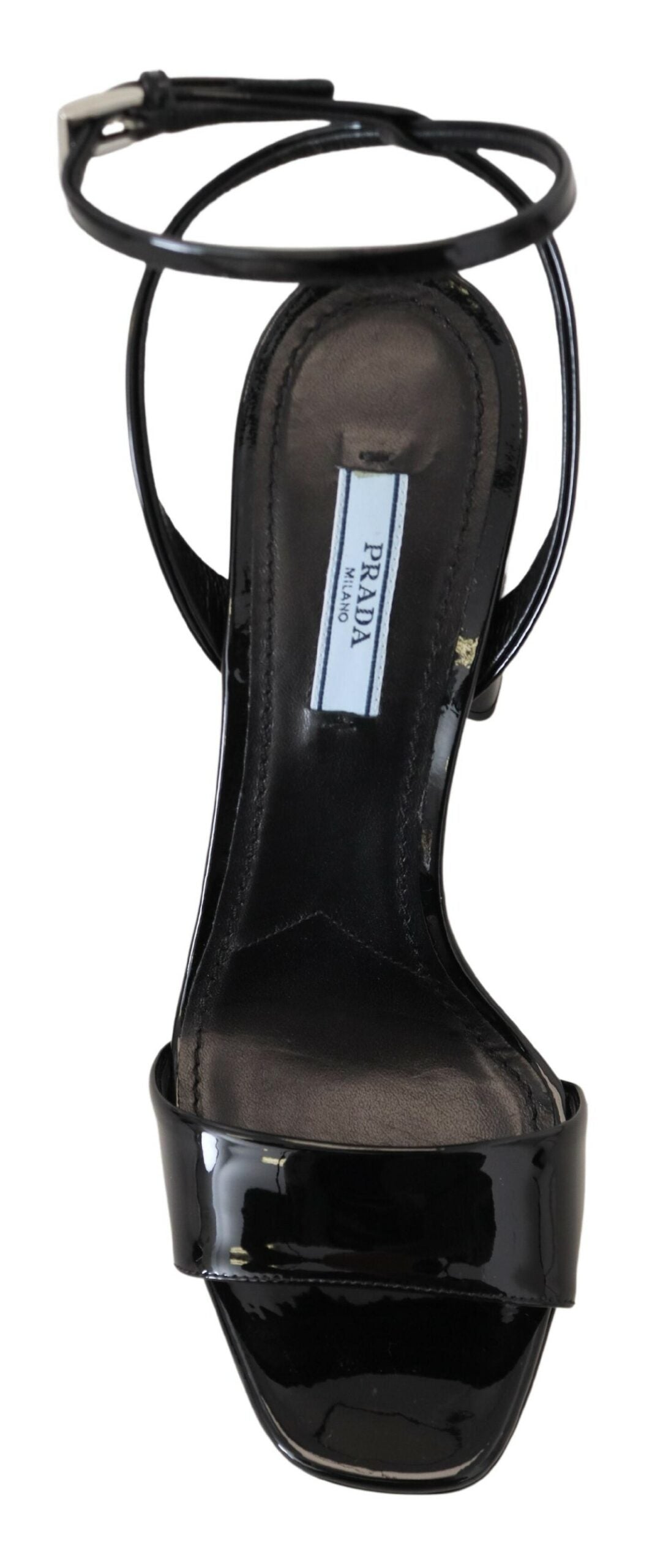 Prada Black Patent Sandals Ankle Strap Heels Leather