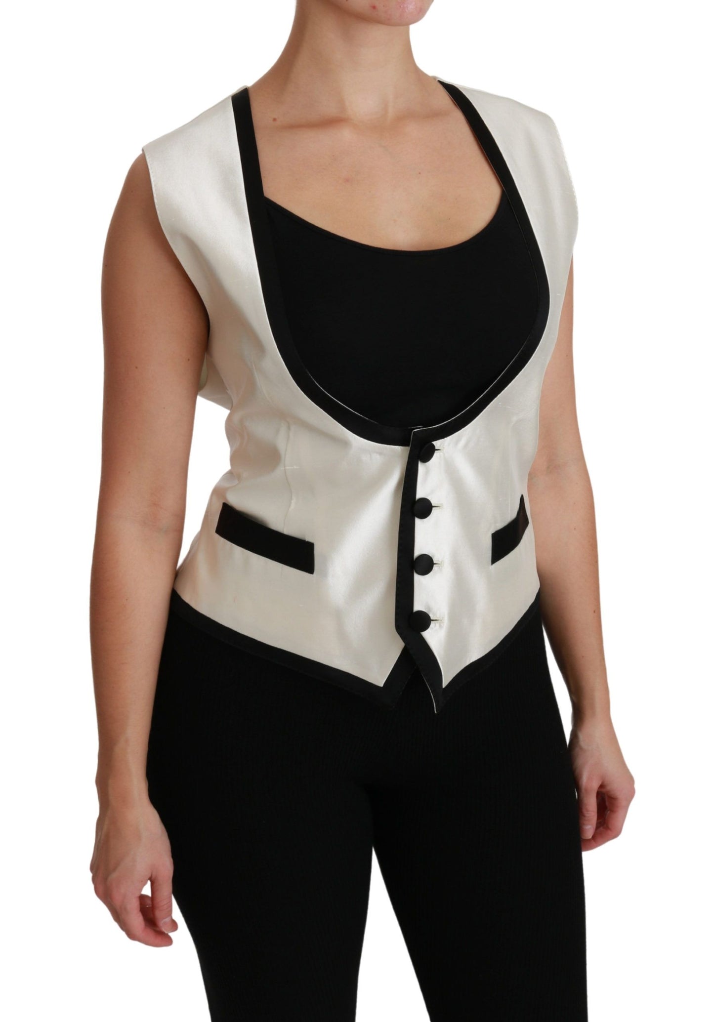 Dolce & Gabbana Ladies' White Waistcoat Slim Vest Silk Top - Designed by Dolce & Gabbana Available to Buy at a Discounted Price on Moon Behind The Hill Online Designer Discount Store