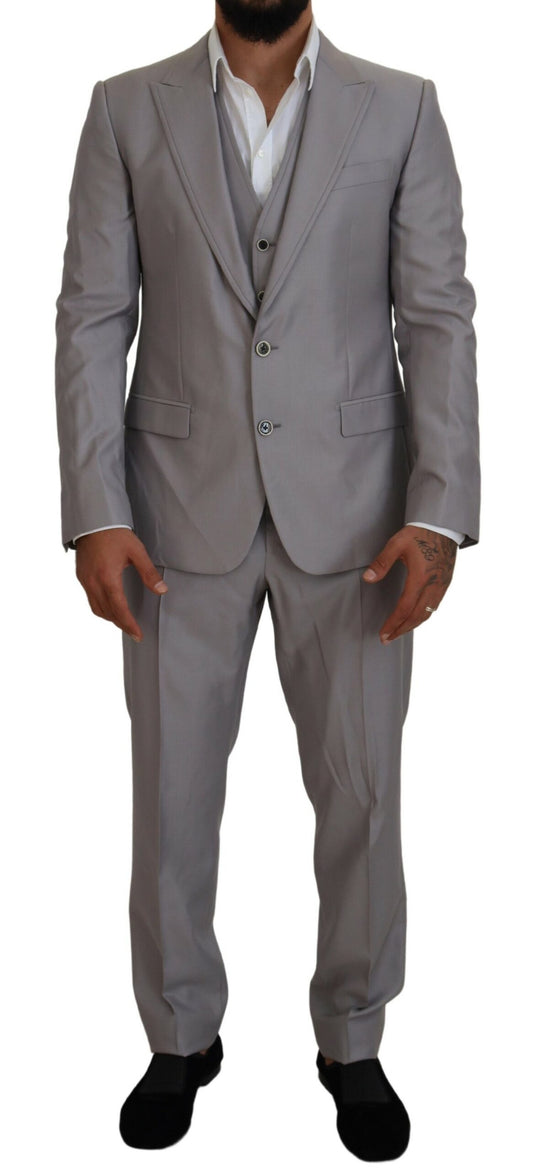 Dolce & Gabbana Men's Silver Wool Silk 3 Piece Slim Fit Suit - Designed by Dolce & Gabbana Available to Buy at a Discounted Price on Moon Behind The Hill Online Designer Discount Store
