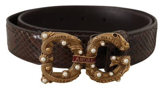 Brown Amore Animal Print Exotic Leather Logo Buckle Belt - Designed by Dolce & Gabbana Available to Buy at a Discounted Price on Moon Behind The Hill Online Designer Discount Store