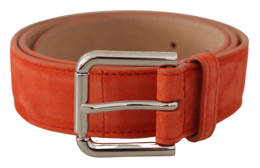 Orange Leather Suede Silver Logo Metal Buckle Belt