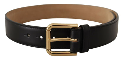 Black Solid Leather Classic Gold Waist Buckle Belt