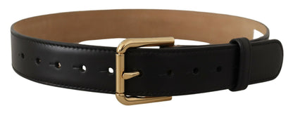 Black Solid Leather Classic Gold Waist Buckle Belt