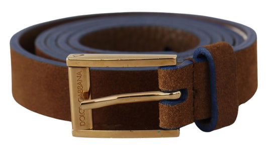 Dark Brown Blue Leather Gold Metal Buckle Belt