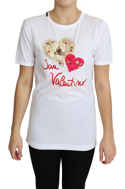 White San Valentino Heart Crystals T-shirt Top