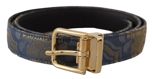 Navy Blue Jacquard Gold Tone Logo Metal Buckle Belt