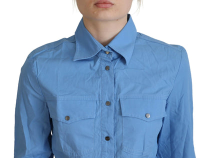 Ferre Women's Blue Cotton Long Sleeves Collared Button Down Top - Designed by Ferre Available to Buy at a Discounted Price on Moon Behind The Hill Online Designer Discount Store