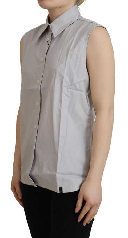 Ferre Women's Light Gray Stripes Cotton Sleeveless Collared Top - Designed by Ferre Available to Buy at a Discounted Price on Moon Behind The Hill Online Designer Discount Store