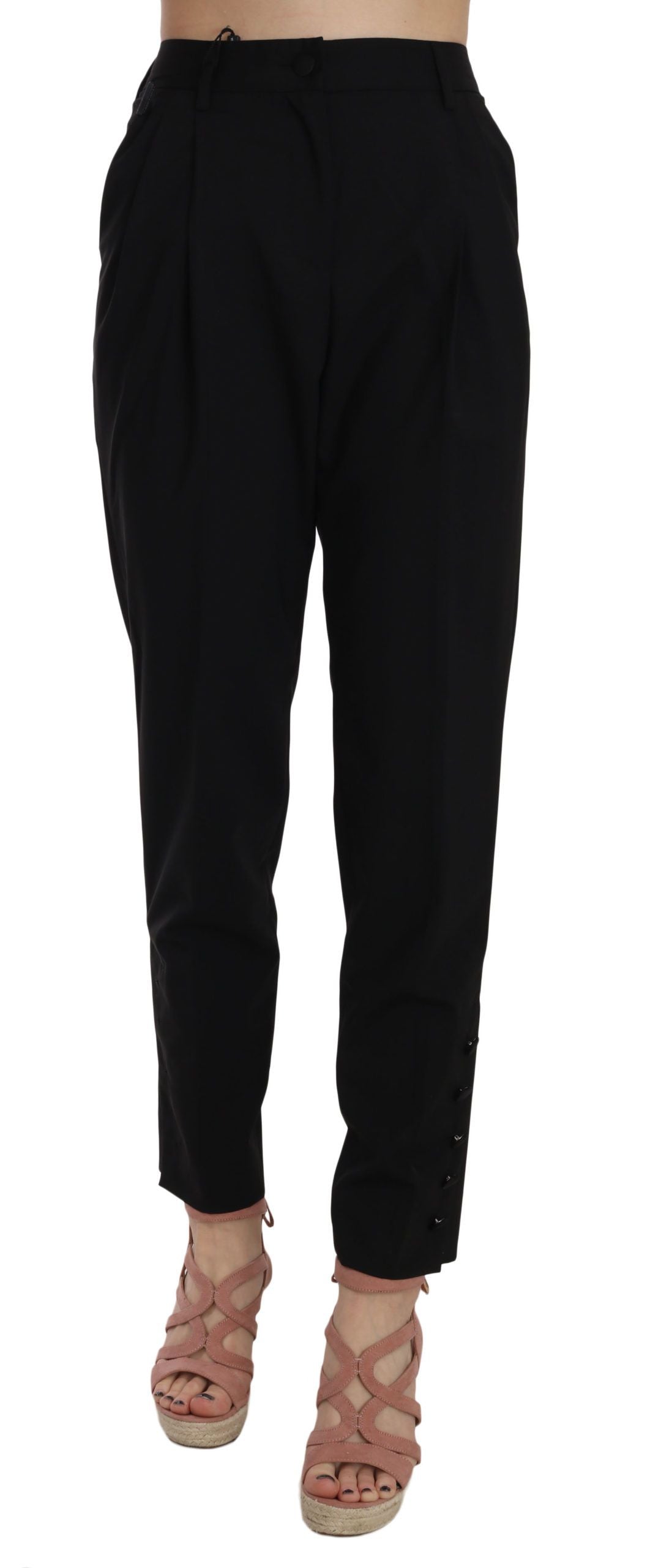 Black Button Pleated Tapered Trouser Pants - Designed by Dolce & Gabbana Available to Buy at a Discounted Price on Moon Behind The Hill Online Designer Discount Store