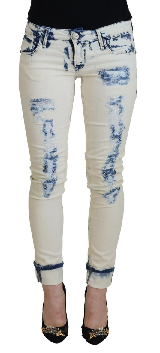 Acht White Blue Cotton Skinny Women Tattered Denim Jeans - Designed by Acht Available to Buy at a Discounted Price on Moon Behind The Hill Online Designer Discount Store